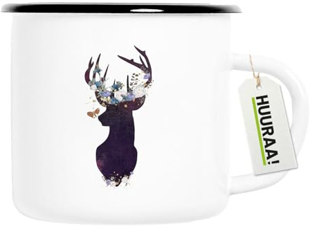 Huuraa Emaille Tasse Hirsch Silhouette Geschenk | 300ml Becher Weiß mit Schwarzem Rand Vintage Campingbecher Geschenkidee Kaffeetasse als Wohnwagen Zubehör Campingtasse
