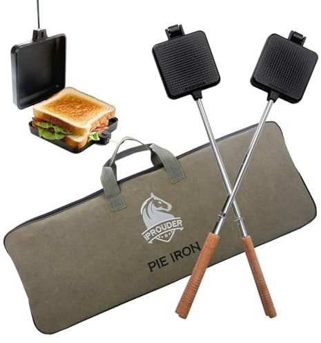 IPROUDER Lagerfeuer Pie Iron 12,4 cm großer Gusseisen-Sandwich-Maker für Camping, 2 Stück, mit Aufbewahrungstasche, 55,1 cm verstellbare Griffe, Lagerfeuer-Kochausrüstung zum Grillen und Kochen im