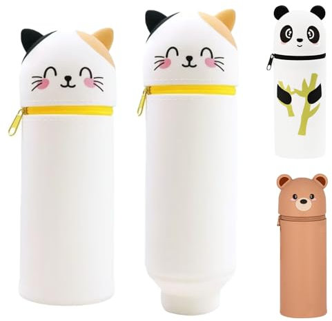 Ayizhiniu Trousse Kawaii Animaux, Trousse Ecole 2 en1 en Silicone Souple, Trousse Verticale, Fermeture Eclair Trousse Crayon, S'applique Peut Contenir Crayons, Stylos, Gommes, Règles (D)
