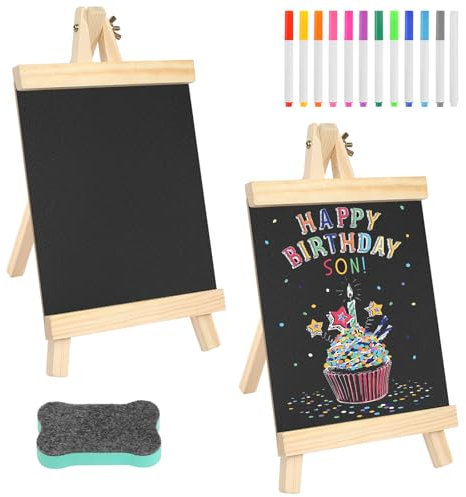 Kreidetafel Aufsteller 2 Stück Schiefertafel zum Beschriften 29 x 16 cm Kleine Tafel mit 12 Kreidefarben und Tafelwischer Kreidetafeln für Preisschilder Buffettisch Geburtstag Hochzeit Party Event