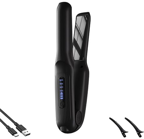 Cordless Hair Straightener & Curler 2 in 1 - Mini Rechargeable Travel Straightener with 4000mAh Battery, Portable Flat Iron for Women Fast Heating Ceramic Plates (Black)