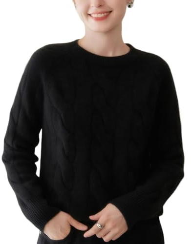 DISSA Pull Cachemire Femme Col Rond Torsade Tricoté en Vrac Manches Longues épais Pull en Cachemire et Laine,Noir,EU 40,MA9058