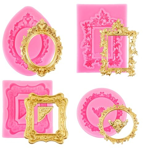 4uds Moldes de Silicona para Marcos de Fotos, Moldes Marcos Vintage Rosas Estilo Barroco Molde Arcilla Secado Al Aire para Hornear Chocolate Dulces y Postres con Arcilla Polimérica (4 Formas)
