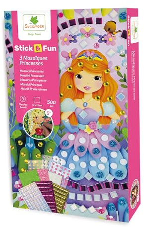 Stick'N Fun 3 Stück Mini Prinzessinnenmosaik, über 500 selbstklebende Schaumstoffaufkleber und Schmuck, 3 Halter zum Aufhängen, Kreativset für Kinder ab 5 Jahren