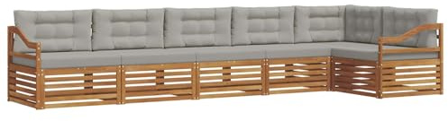 vidaXL Outdoor-Sofagarnitur mit Kissen 6 pcs Natürlich und Hellgrau, Gartenmöbel, Moderne Sofa-Garnitur, Eck-Sitzgruppe für Lounge draußen, bequemer Terrassenstuhl