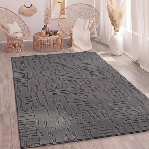 Paco Home Teppich Wohnzimmer Schlafzimmer Hochflor Skandinavisch Boho Optik Geometrisch Abstrakt Einfarbig Flauschig 3D Anthrazit, Grösse:160x220 cm