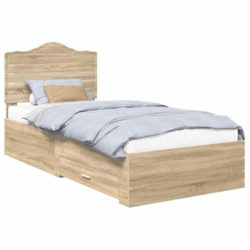 Foknhdi Bettrahmen 90x200 cm mit Schubladen und Kopfteil, Stauraumbett aus Holzwerkstoff, Einzelbett in Sonoma-Eiche Optik, inkl. Lattenrost, funktionales Bettgestell für Schlafzimmer