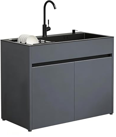Mobile Lavello con Vasca in Acciaio Inox Nero per Lavanderia e Garage, armadietto in alluminio a nido d'ape con rubinetto, dispenser sapone e cestello estraibile, impermeabile e regolabile