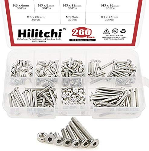 hilitchi 210-piece Metrisches M2 Innensechskant flach Senkkopf Schrauben Schraube Mutter Sortiment Kit – 304 Edelstahl (M2)