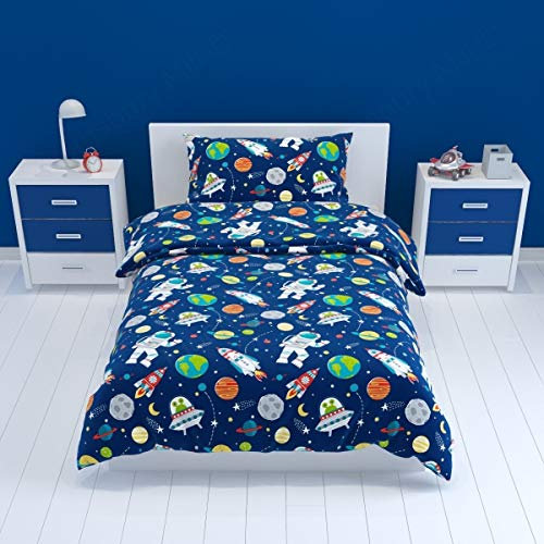 Bloomsbury Mill - Kinderbettwäsche 135x200 - Weltraum & Astronaut - Bettwäsche 135x200 Kinder Set für Mädchen und Jungen - Raketedesign Wendebettwäsche und Kissenbezug - Blau Einzelbettwäsche-Set