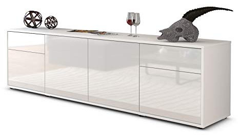 Stil.Zeit TV Schrank Lowboard Benedetta, Korpus Weiss matt, Front Hochglanz-Design Weiß (180x49x35cm), mit Push-to-Open Technik & Leichtlaufschienen