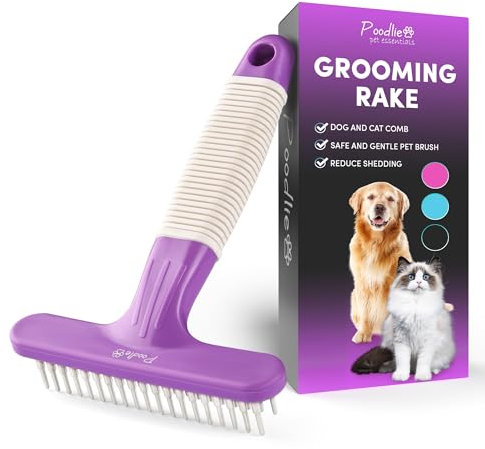 Poodle Pet Dog Grooming Rake| Dematting Tool with Stainless Steel Shedding Comb for Pets | 2 Rows of Pins Gently Remove Loose or Tangled Hair from Undercoat | Purple Handle