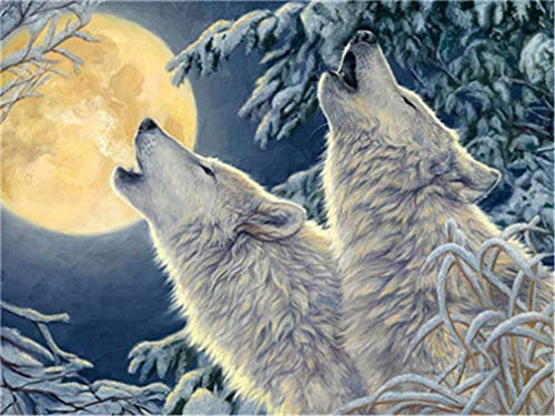 YEESAM ART Neuheiten Malen nach Zahlen Erwachsene Kinder, Schnee Wolfs Vollmond Wald 40x50 cm Leinen Segeltuch, DIY ölgemälde Weihnachten Geschenke (Wolfs, Ohne Frame)