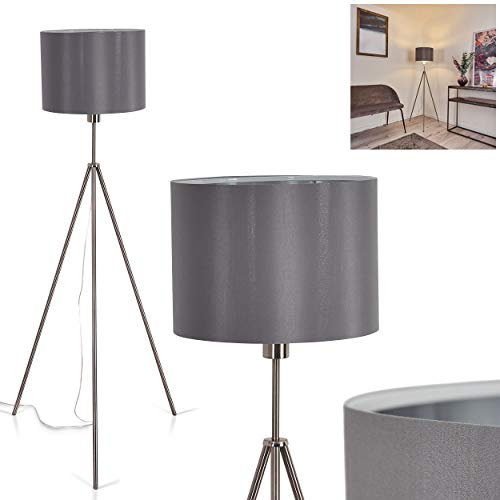 Stehleuchte Malu, 1-flammige Bodenlampe aus Metall in Nickel, 1 x E27, runde Standlampe mit Stoffschirm in grau, Fußschalter am Kabel,ohne Leuchtmittel