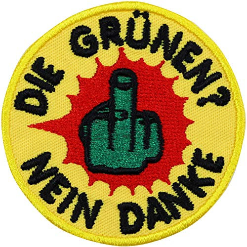 Aufnäher: DIE GRÜNEN? NEIN DANKE Aufbügler Biker Patch Rocker Flicken Metal Bügelbild Sticker zum Aufnähen Mittelfinger Umweltschutz lustige Motorrad Applikation für Jacken/T-shirts/Taschen 60x60mm