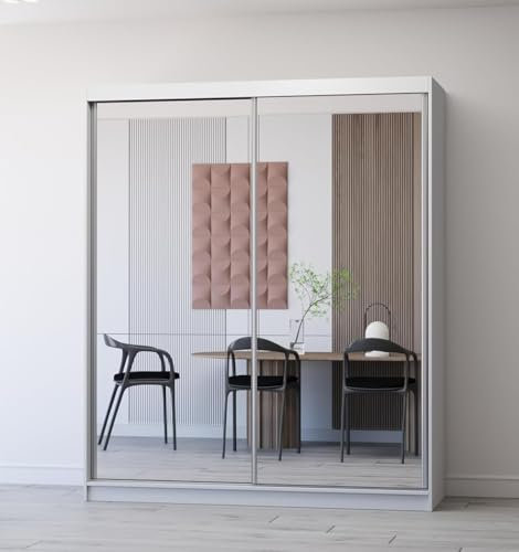 Fabryka Mebli Idźczak Kleiderschrank mit Spiegel, Schiebetüren - Schwebetürenschrank, Schlafzimmerschrank - 61 x 183 x 218 cm - Weißer Schrank für Schlafzimmer, Wohnzimmer, Garderobe