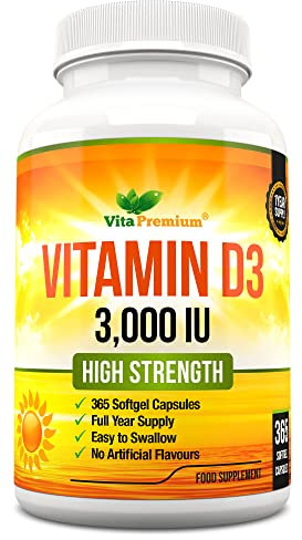 Vitamin D 3,000 IU, High Strength Vitamin D3 Supplement, 365 Easy to Swallow Softgels - Full Year Supply