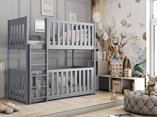 Arthauss Wooden Bunk Bed Konrad with Cot Bed in Grey - Convertible into Two Single Beds, Solid Pine Wood - Children Space-Saving Double Decker Bed with Universal Ladder