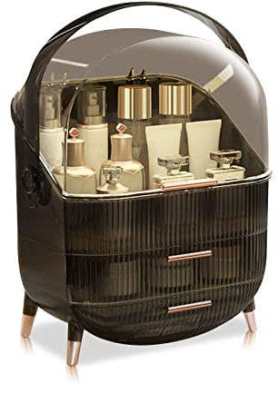 Galatée Retro Serie 180°Drehbar Tragbare Make Up Organizer Kosmetikbox Kosmetische Aufbewahrungs Box Mit Staubdichtem Deckel, Beauty Organizer Mit 2 Schubladen Und Tragegriff - (Retro-Grau)