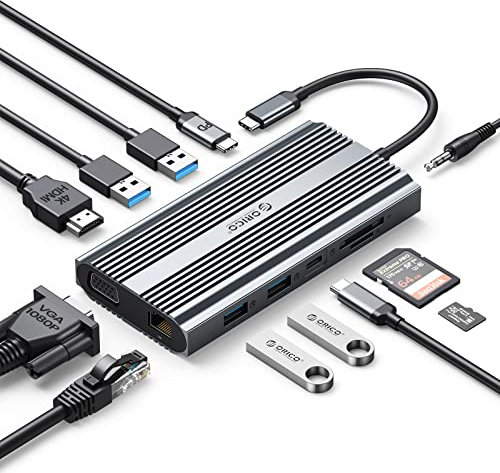 USB Docking Station, ORICO 12 en 1 USB C Hub con 4K HDMI, PD 100 W, 1 Gbps Ethernet, 4 USB 3.0, SD/TF, VGA, 3,5 mm Audio, USB C Adaptador Compatible con Windows/Mac OS