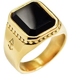 Rock and Steel Herren Ring Zeus Gold Siegelring mit Onyx Stein, Silber Edelstahl, Ring (58 (18.5 mm))