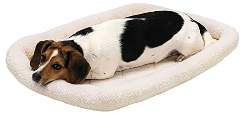 FurHaven Dog Bed for Medium/Small Dogs & Indoor Cats, 100% Washable, Sized to Fit Crates - Sherpa Fleece Bolster Crate Pad - Cream, Medium