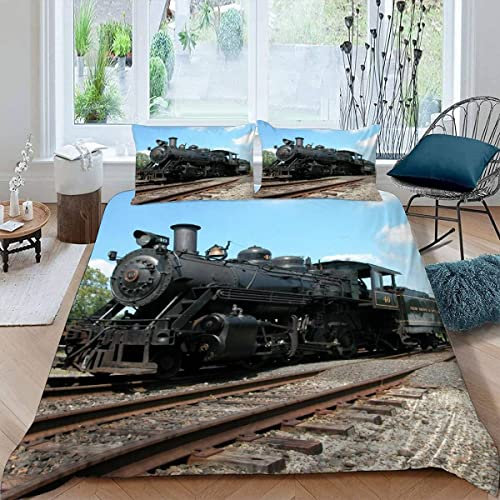 JIARAO Eisenbahn Dampfmaschine Kinder Bettwäsche-Sets 135x200 3D Druck 3-teilig Bettwäsche 100% Mikrofaser Weiche mit Reißverschlus Retro-Dampfzug Soft Kuschelig Bettbezüge mit 2 Kissenbezug 80x80 cm