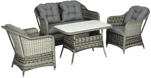 Outsunny 4 Pieces Rattan Garden Furniture Set Armchairs Loveseat Grey
