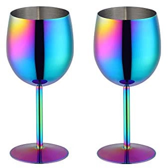 BISDARUN Weißweingläser Set mit 2 Rotweinkelchen, 18/8 Edelstahl, 350 ml, Metallkelch, Gläser für Cocktail, Champagner, Whiskey, Bier (Regenbogen)