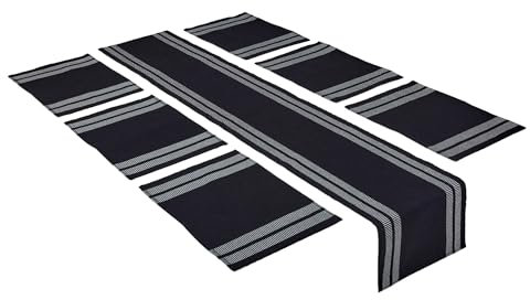 Encasa XO Tischläufer und Platzset Set 6 | Feingerippte Baumwolle | Leiter schwarz | 1 Tischläufer Größe 32x183 cm & Jede Tischmatte Größe 48x32 cm
