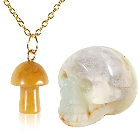 Unifizz Colgantes de piedra natural con forma de hongo de topacio de jade y mini calavera de jade de cristal Newjade, estatua de piedra tallada a mano para regalo