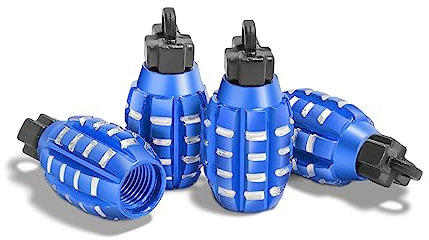 CGEAMDY 4 Stück Ventilkappen in Granatenform, Handgranaten-Stil Aluminium Auto Rreifen Ventilkappen, Handgranate Style Reifen Ventilkappen Für Auto Motorrad (Blau)