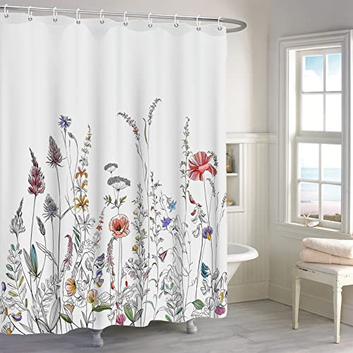 MIRRORANG Tenda da doccia floreale, tenda da bagno acquerellata con fiori da giardino, tenda da doccia in bianco e nero con 12 ganci, set di tenda da doccia con fiori naturali di primavera.,183x183cm