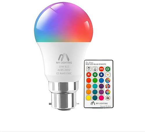 My Lighting 10W ECO Series B22 LED Bulb | Colour-Changing, Dimmable RGB + Cool White 6000K | Remote-Controlled Bayonet Cap Bulb | 16 Million Colours for Home Décor & Mood Lighting | 1 Pack