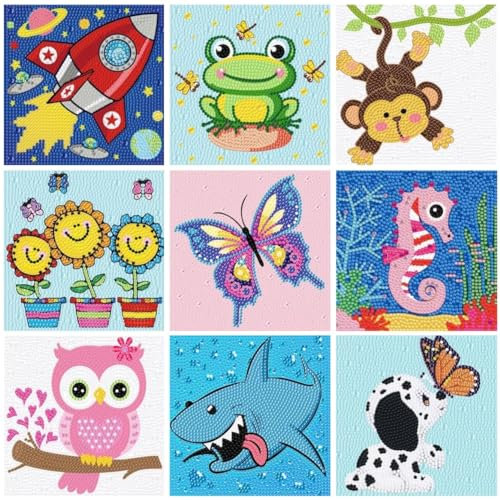 9 Pack Diamond Painting Kinder,DIY 5D Full Drill Diamant Painting Bilder, Diamanten Malerei Handwerkskunst für die Wanddekoration zu Hause und Geschenke, 15x15 cm