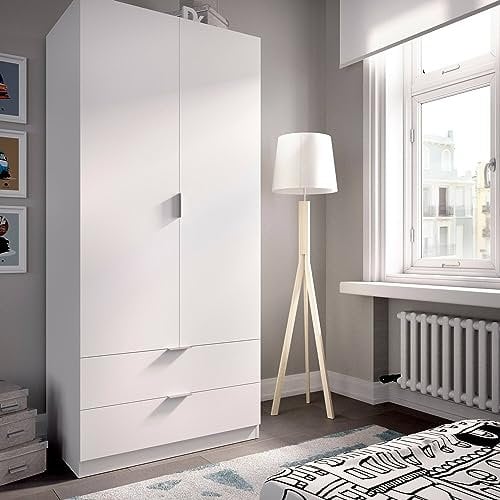 Dmora - Kleiderschrank 2 Türen Pisanino, Kleiderbügel für Schlafzimmer, Mehrzweckschrank 2 Schubladen, 81x52h184 cm, Weiß