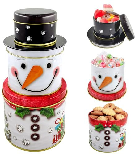 SHOWHEEL 3er Set Keksdosen für Weihnachten,3 in 1 Keksdosen Schneemann,Plätzchendose Metall,Dreistöckige Gebäckdosen,Vorratsdosen für Süßigkeiten Schokolade Cookies zu Winter Advent Weihnachten