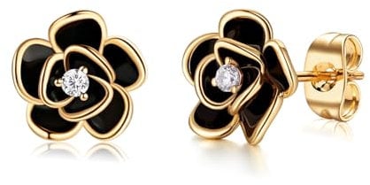 MYBELLNA 14K Gold Dainty Flower Earrings Black Rose Gold Flower Pearl Stud Earrings for Women Sterling Silver Post Hypoallergenic Earrings for Women Mom Her