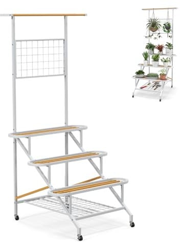 SPOTRAVEL 4-Tier Hanging Plant Stand, Iron Herb Ladder Gardener with Hanging Bar & Trellis, Tall Shelves Rack Planter for Patio Balcony Garden