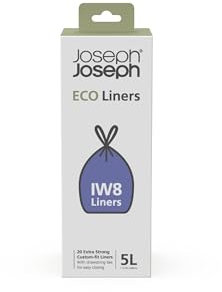 Joseph Joseph Eco Liners Iw8 Eco Recycled Plastic Bin Liners, Kitchen Bathroom Waste Bags With Tie Tape Drawstring Handles, Extra Strong – Pack Of 20, Holds 5 Litres, Grau