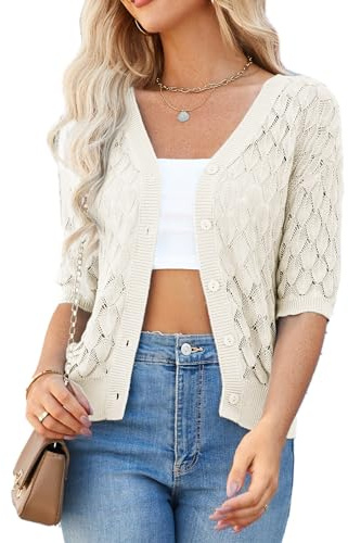 GRACE KARIN 2025 Cardigan à manches courtes et col en V pour femme en tricot ouvert sur le devant avec bouton au crochet