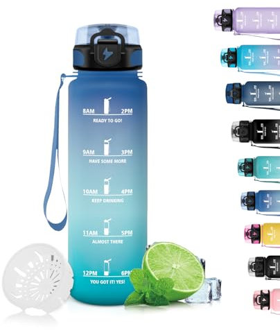 Grsta Botella Agua, Botella Agua Niños con Filtro, Botella Agua Deporte a Prueba de Fugas, Botella Agua 500ml, Fácil de Limpiar, Botella para la Escuela, Gimnasio, Oficina, Blue-Green