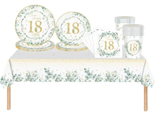 69pcs Sage Green 18th Birthday Decorations,18th Birthday Tablecloth,Paper Plates,Napkins Serviettes and Cups Sets for 18th Birthday Table Decorations for Girls,Boys,Lady,Him,Her 18th Birthday Gifts