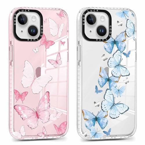 Foonary 2 Pack Clear Print Phone Case for iPhone 14/iPhone 13 6.1,Slim Soft Silicone with Butterfly Design Aesthetics Transparent Pattern Cases,Shockproof Bumper Protector Cover for iPhone 14
