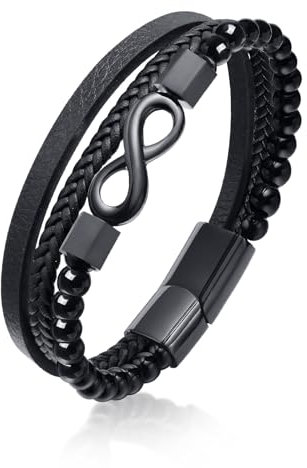 VNOX Armband Herren Lederarmband Schwarz : Geschenk für Ihn Freund Männer Armbänder Geflochten Unendlich Echtes Leder Armbänder Mode-schmuck für Papa Sohn Ich Liebe Dich Schmuck Geschenk