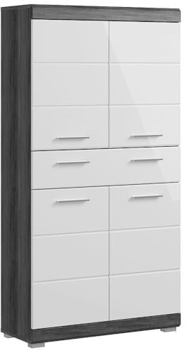 Lomadox Badezimmer Midischrank Badezimmerschrank Badezimmermöbel Hochkommode Schrank modern in Hochglanz weiß mit grau