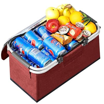 JXCTNNU Picknickkorb 25L Einkaufskorb Faltbar Groß Picknickkorb Kühlkorb Einkaufskorb mit Deckel Tragekorb mit Henkel Korb Einkaufen Kühlfach Thermo Picknicktasche für Einkaufen Picknick (Rot)
