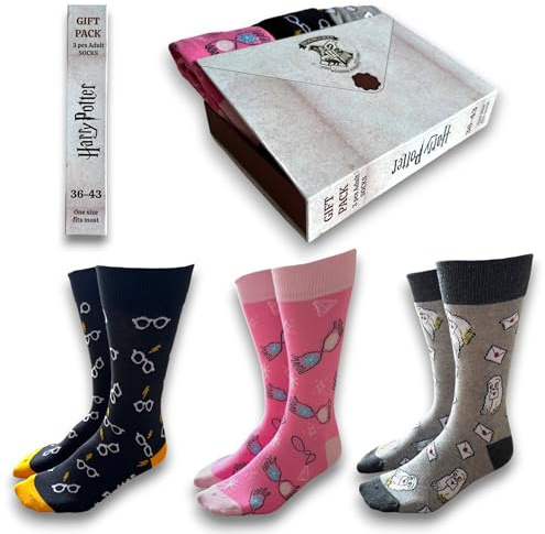 Harry Potter Packung mit 3 lustigen Socken, bedruckt mit Hedwig, Mondbrille, Schwarz, Grau und Rosa, offizielles Lizenzprodukt, für Damen, Größe 3,5-9 EUR 36-43