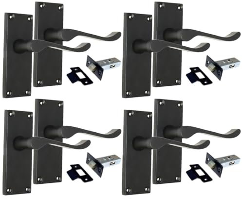 Epsom Door Handle Victoriamatt Black Scroll Door Handle Set with Tubular Latches - Victorian Style Internal and External Lever Door Handles with Backplate. Sets 4 Scroll Door Handles Black