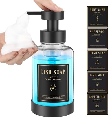 Luxspire Schaumseifenspender, Glasschaum-Pumpseifenspender, Rutschfester Handseifenspender mit 5 wasserfesten Etiketten, 450ml/15oz nachfüllbarer Flüssigseifenspender für Bad & Küche, Klar, 1 Stück